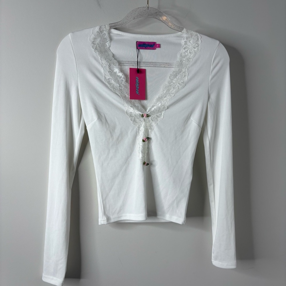 Edikted White Lace Trim Long-sleeve Top - Madeline Lace Trim Rib Long Sleeve - Picture 2 of 6